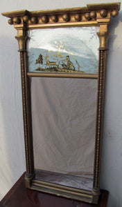 RARE 19TH CENT FEDERAL EGLOMISE PIER MIRROR W/HUNTING SCENE-SUPERIOR SPECIMEN