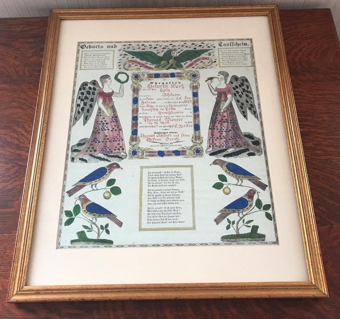 FINELY PAINTED FOLK ART DECORATED BRIGHTLY COLORED 1847 FRAKTUR OF THOMAS MONROE