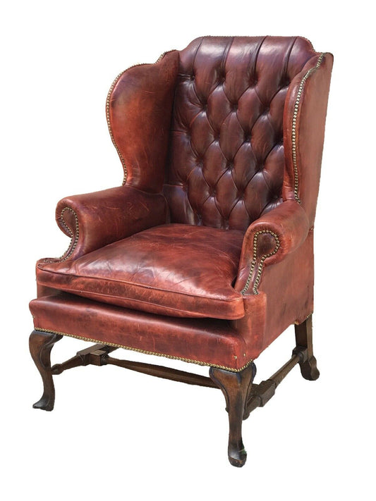 EARLY 20TH C ANTIQUE STYLE OX BLOOD RED TUFTED LEATHER LIBRARY ARM CHAIR