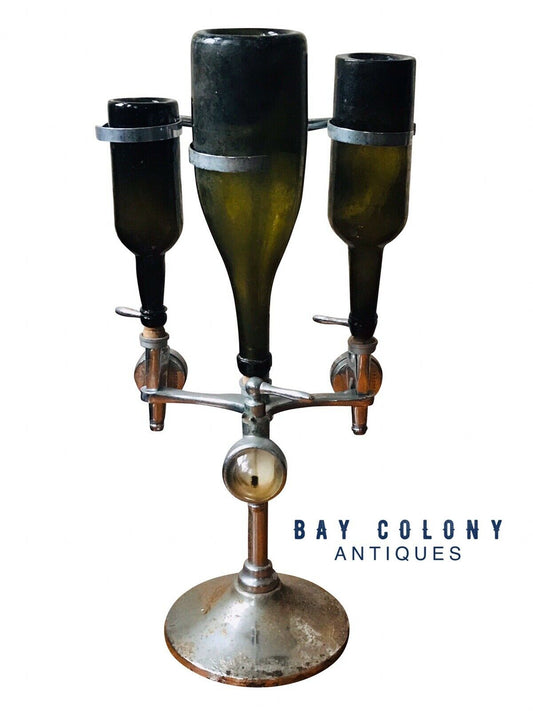 EARLY 20TH C ANTIQUE ART DECO OPTIC PEARL 3 BOTTLE LIQUOR DISPENSER