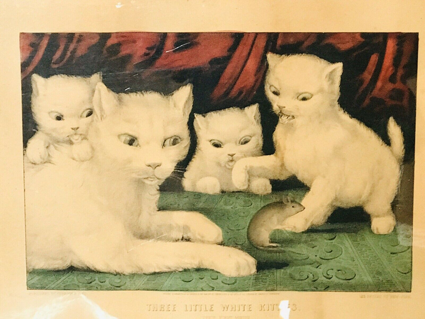 19TH C ANTIQUE CURRIER & IVES THREE WHITE KITTIES - THEIR FIRST MOUSE LITHOGRAPH