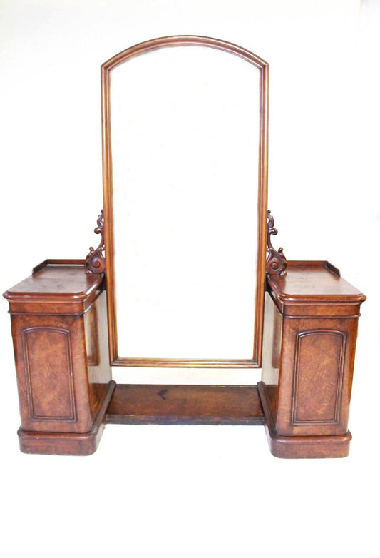 VICTORIAN BURLED WALNUT VANITY & FULL LENGTH CHEVAL MIRROR