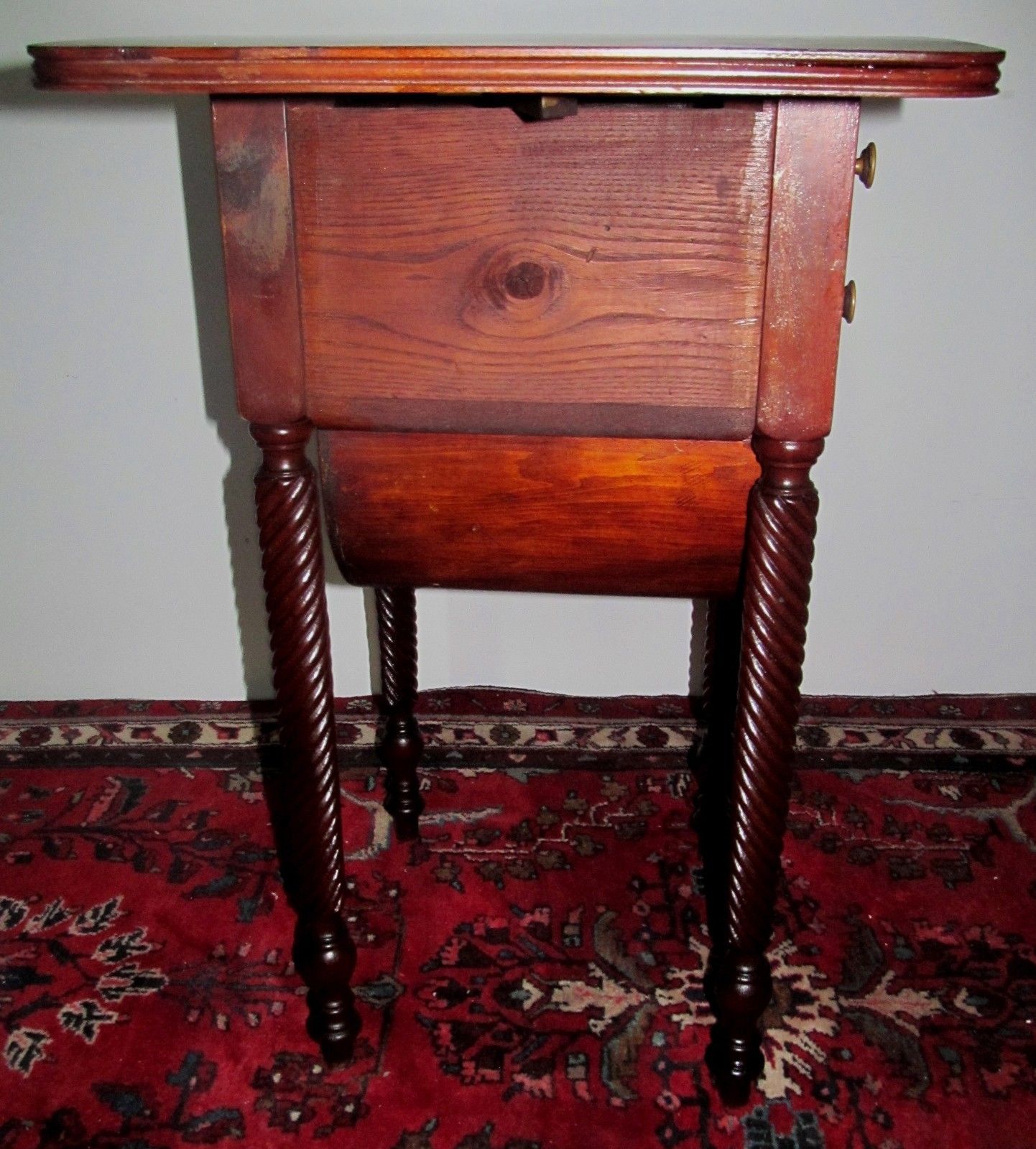 SHERATON STYLE INLAID MAHOGANY WORK TABLE WITH TWIST CARVED LEGS & BASE CABINET