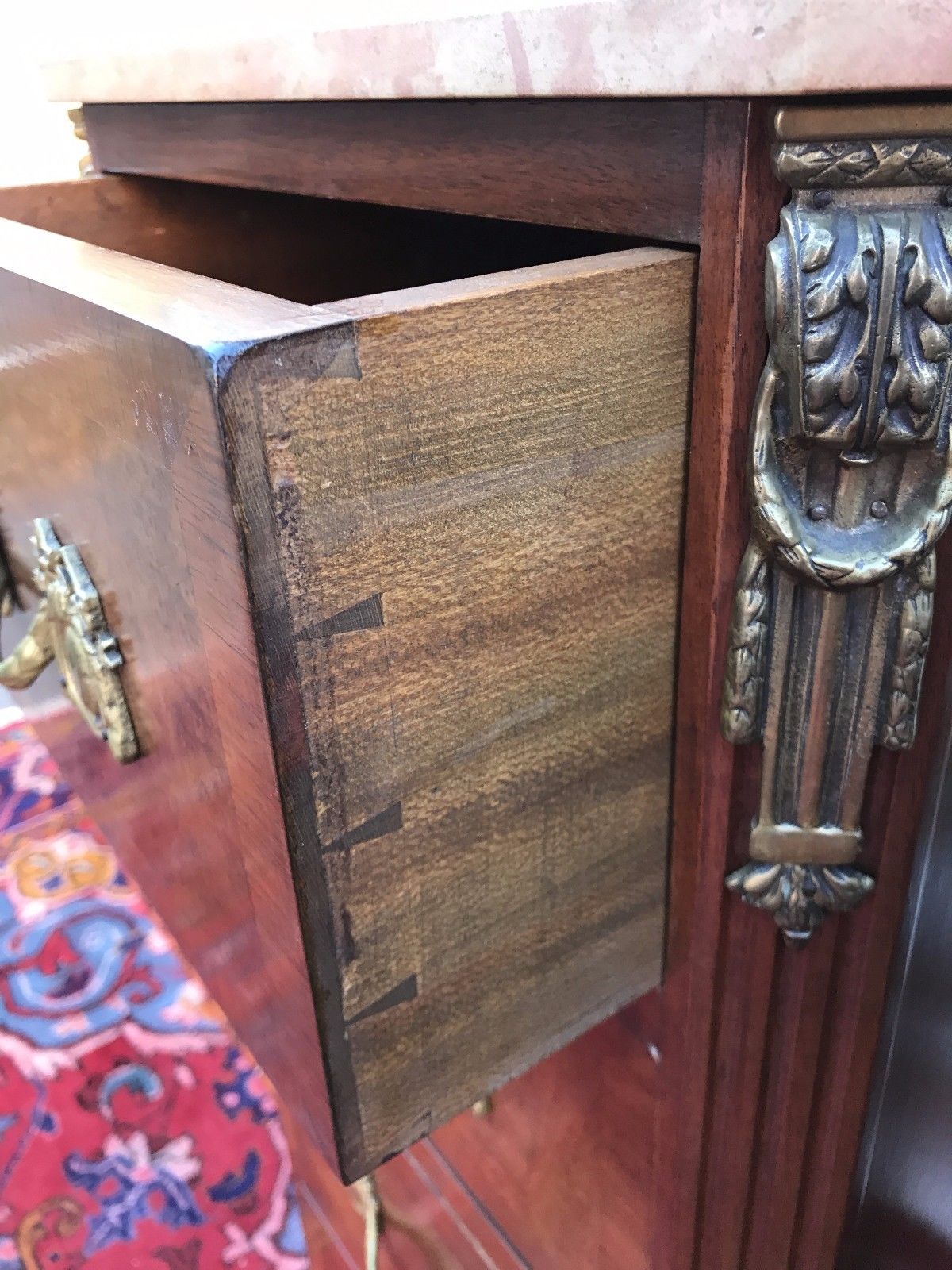 FINELY ADORNED PAIR OF FRENCH MARBLE TOPPED LINGERIE CHESTS WITH ORNAMENTATIONS