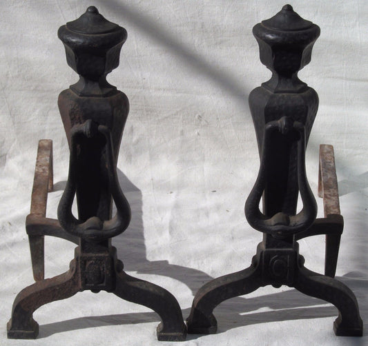 ANTIQUE PAIR OF ARTS & CRAFTS CAST IRON ANDIRONS