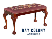 Load image into Gallery viewer, 20TH C CHIPPENDALE ANTIQUE STYLE MAHOGANY VANITY BENCH W/ NEEDLEPOINT SEAT