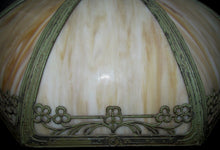 Load image into Gallery viewer, ART NOUVEAU CURVED SLAG GLASS LAMP IN ORIGINAL VERDIGRIS PAINT SIGNED RAINAUD