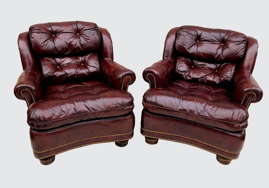 PAIR HANCOCK & MOORE WINE COLORED LEATHER CHESTERFIELD CLUB CHAIRS