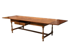 20TH C MONUMENTAL W&M ANTIQUE STYLE TIGER MAPLE HARVEST / TAVERN / DINING TABLE