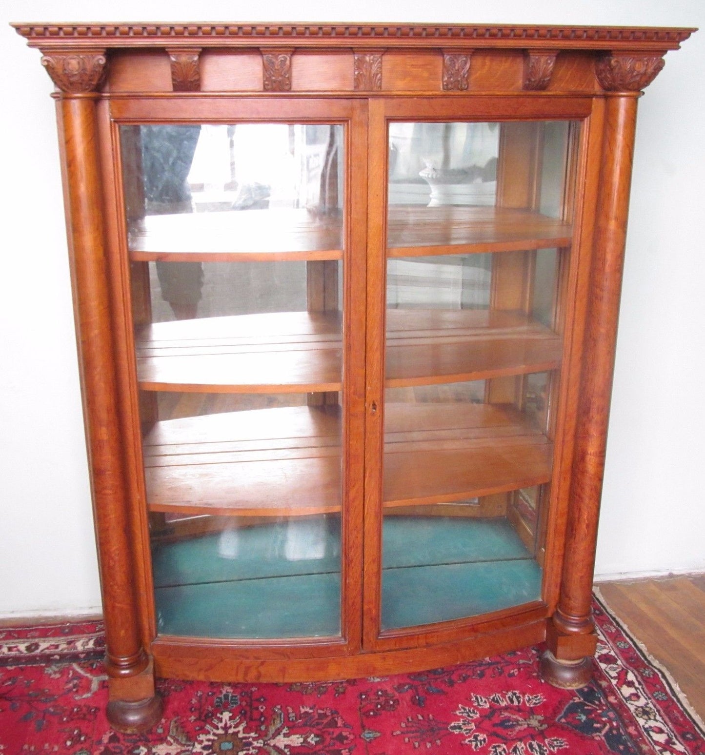 19TH CENTURY VICTORIAN CARVED OAK CURVED GLASS CHINA CABINET - PAINES FURNITURE