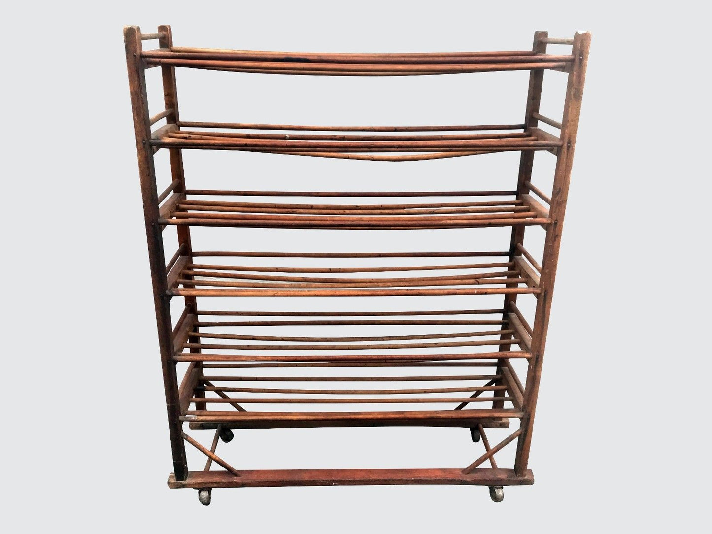 19TH CENTURY AMERICAN OAK INDUSTRIAL SHOE RACK WITH SIX TIERS-GREAT FOR WINES