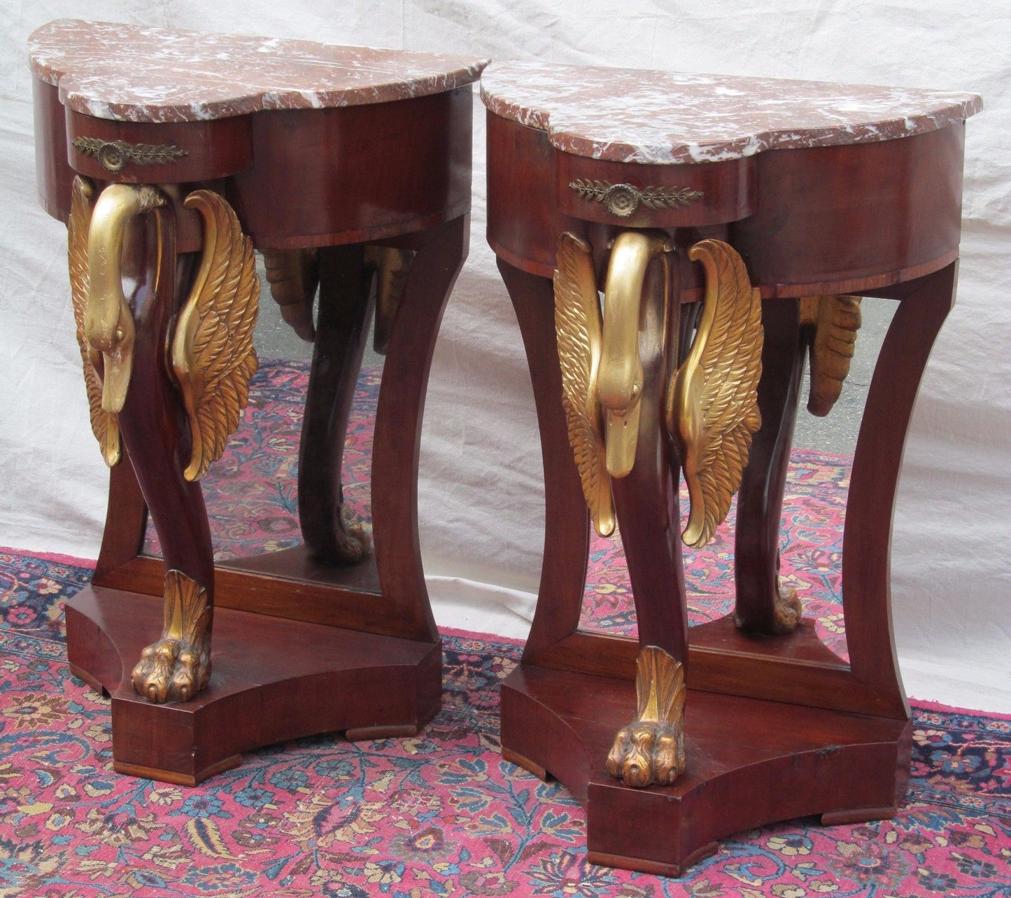 PAIR OF FRENCH NAPOLEONIC STYLED MARBLE TOP NIGHTSTANDS WITH GOLD FIGURAL SWANS