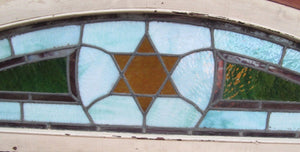 ANTIQUE JUDAIC ARCHITECTURAL STAINED GLASS TRANSOM WINDOW IN FRAME - 80" LONG