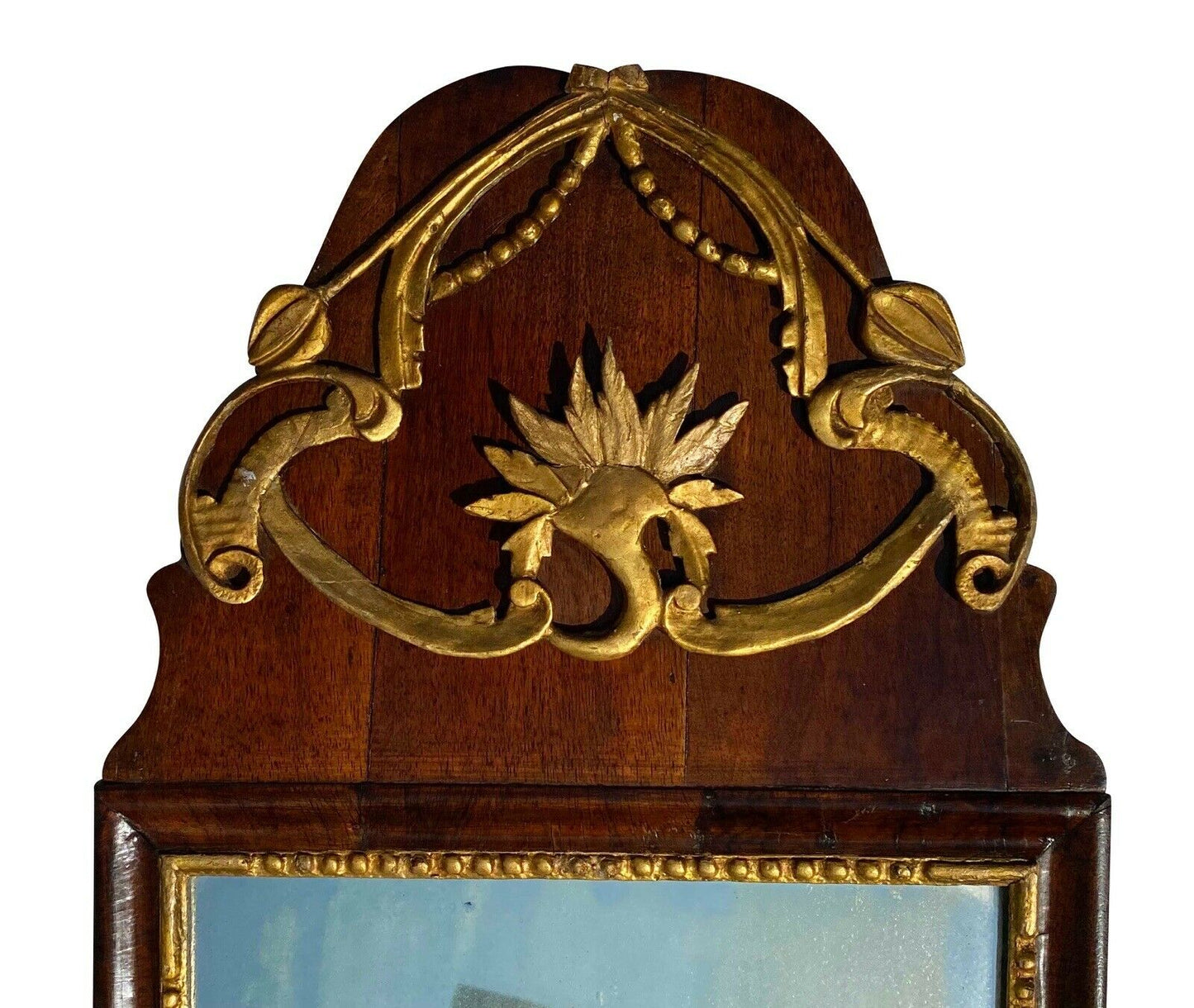 18th C Antique Queen Anne Mahogany Mirror W/ Gold Liner & Floral Crest ~ Tulip