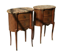 FRENCH WALNUT MARBLE TOP KIDNEY SHAPE ANTIQUE STYLE NIGHTSTANDS / END TABLES