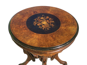 Victorian Renaissance Revival Burled Walnut Floral Marquetry Inlaid Parlor Table