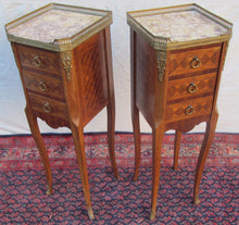 Load image into Gallery viewer, RARE SIZED DIMINUTIVE INLAID PAIR OF FRENCH LOUIS XVI CARRERA MARBLE TOPPED NIGH