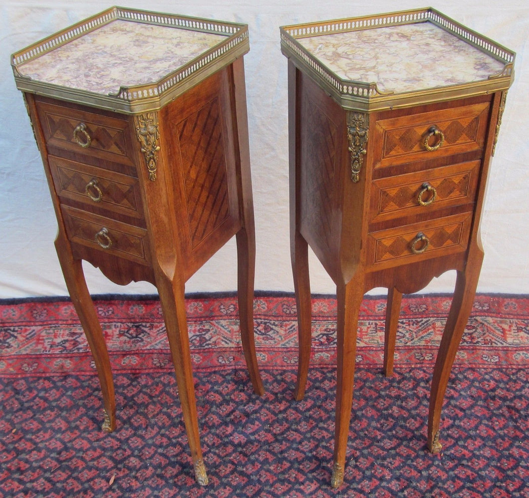 RARE SIZED DIMINUTIVE INLAID PAIR OF FRENCH LOUIS XVI CARRERA MARBLE TOPPED NIGH
