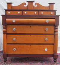 Load image into Gallery viewer, SHERATON BIRD&#39;S EYE MAPLE &amp; MAHOGANY CHEST OF DRAWERS WITH SANDWICH GLASS KNOBS