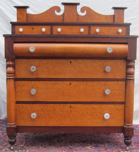 SHERATON BIRD'S EYE MAPLE & MAHOGANY CHEST OF DRAWERS WITH SANDWICH GLASS KNOBS