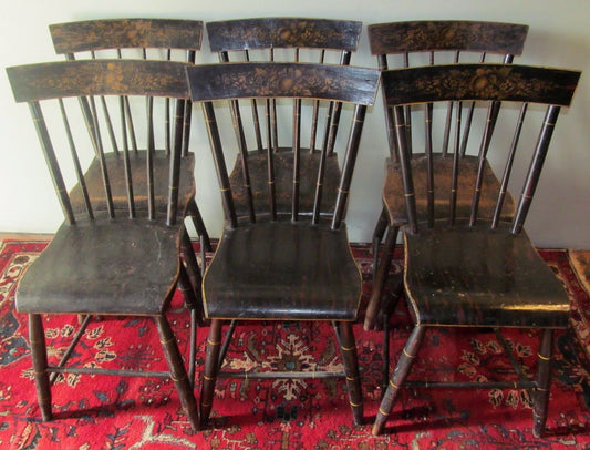 EARLY 19TH CT SET OF 6 DH BATCHELDER NEW ENGLAND WINDSOR CHAIRS IN TOLE PAINT