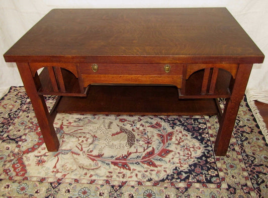 RARE SIZED 48" MISSION OAK CRAFTSMAN DESK W/ ARTS & CRAFTS BRASS PULLS-NICE COND