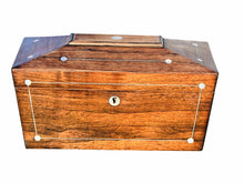 Load image into Gallery viewer, 19TH C ANTIQUE ROSEWOOD &amp; MOTHER OF PEARL SARCOPHAGUS FORM TEA CADDY