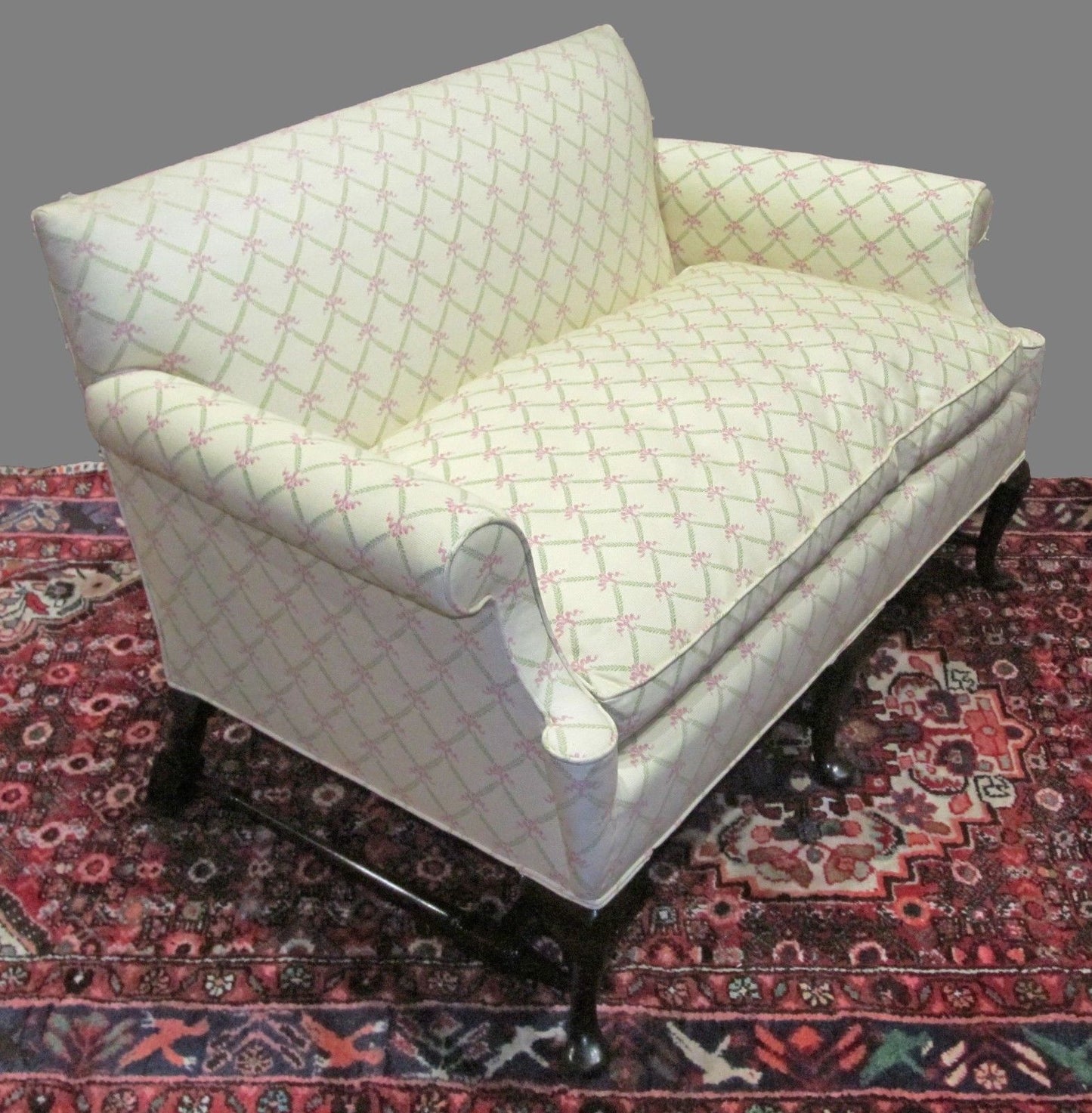 PAIR-QUEEN ANNE STYLED SETTEES ON FINELY FORMED STRETCHER BASES & PAD FEET