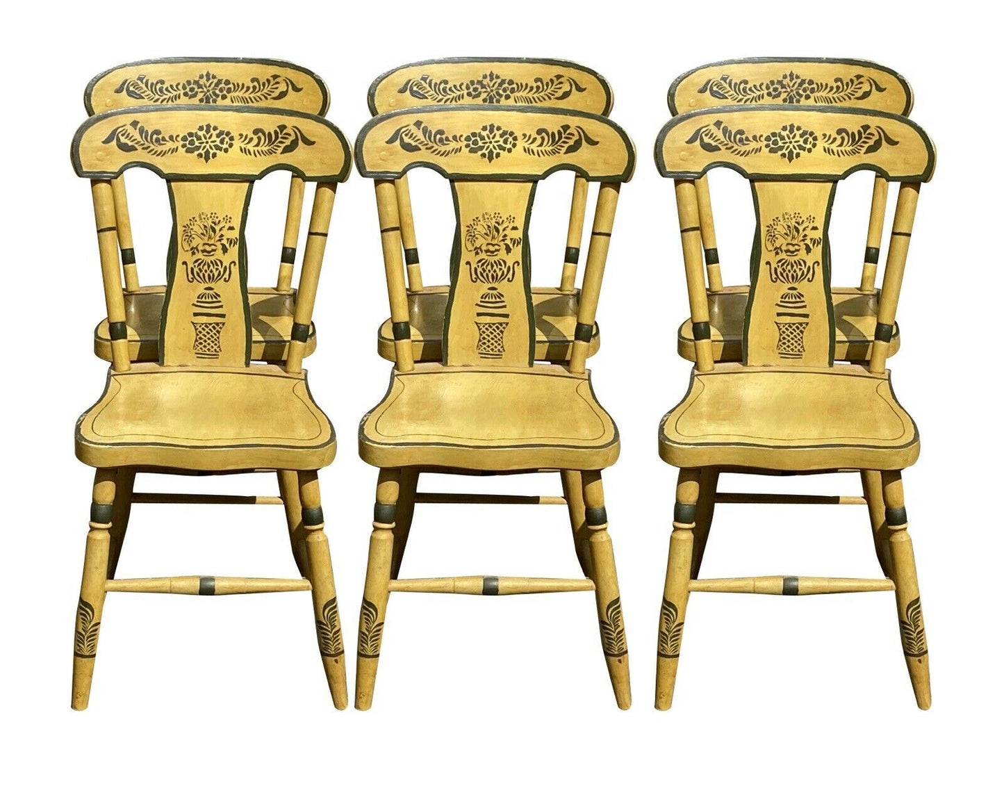 19TH C ANTIQUE SET OF 6 COUNTRY SHERATON YELLOW FANCY PAINT DINING CHAIRS