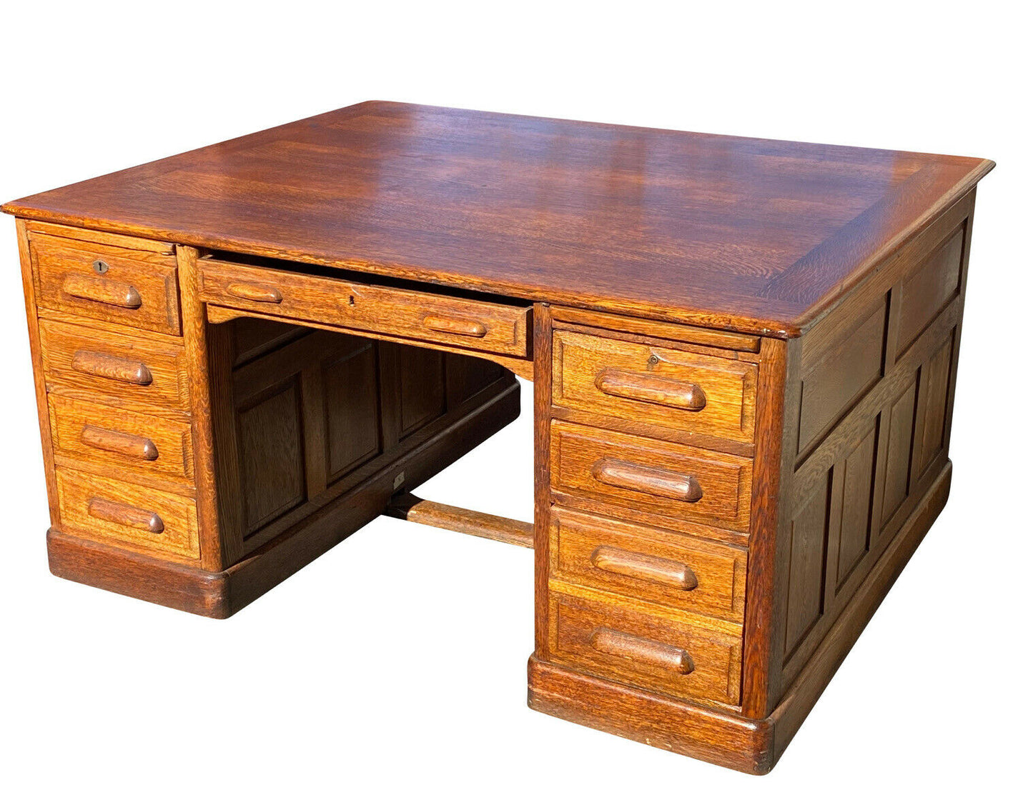 19TH C ANTIQUE VICTORIAN TIGER OAK PARTNERS DESK ~ 60” X 48”