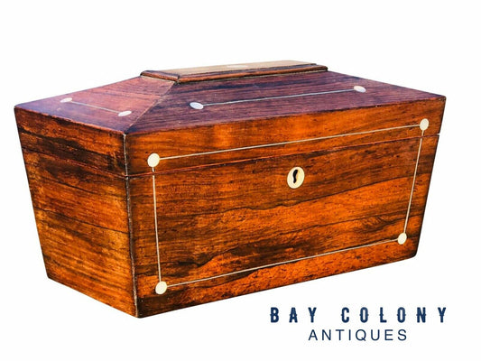 19TH C ANTIQUE ROSEWOOD & MOTHER OF PEARL SARCOPHAGUS FORM TEA CADDY