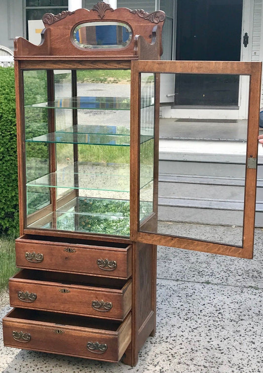 19TH C VICTORIAN TIGER OAK MEDICAL / PHYSICIANS CABINET W/ MIRRORED BOTTOM