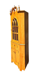Federal Style Tiger Maple Two Piece Corner Cabinet With Arched Door & Bold Grain