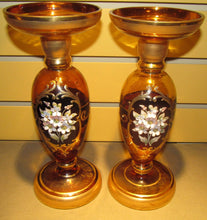 Load image into Gallery viewer, PAIR OF MOSER FLORAL ENAMELED WORKED CANDLESTICKS