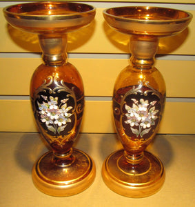 PAIR OF MOSER FLORAL ENAMELED WORKED CANDLESTICKS
