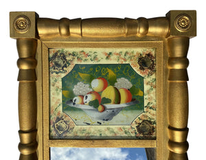 19TH C ANTIQUE SHERATON GOLD GILT MIRROR W/ REVERSE PAINTED BASKET OF FRUIT