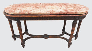 FRENCH STYLED CARVED OAK MARBLE TOPPED WINDOW BENCH TABLE