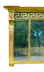 19TH C ANTIQUE VICTORIAN EGYPTIAN REVIVAL 3 PANEL GOLD GILT OVER MANTLE MIRROR