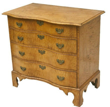 Load image into Gallery viewer, 19TH C TIGER MAPLE CHIPPENDALE SERPENTINE ANTIQUE DRESSER / BACHELORS CHEST