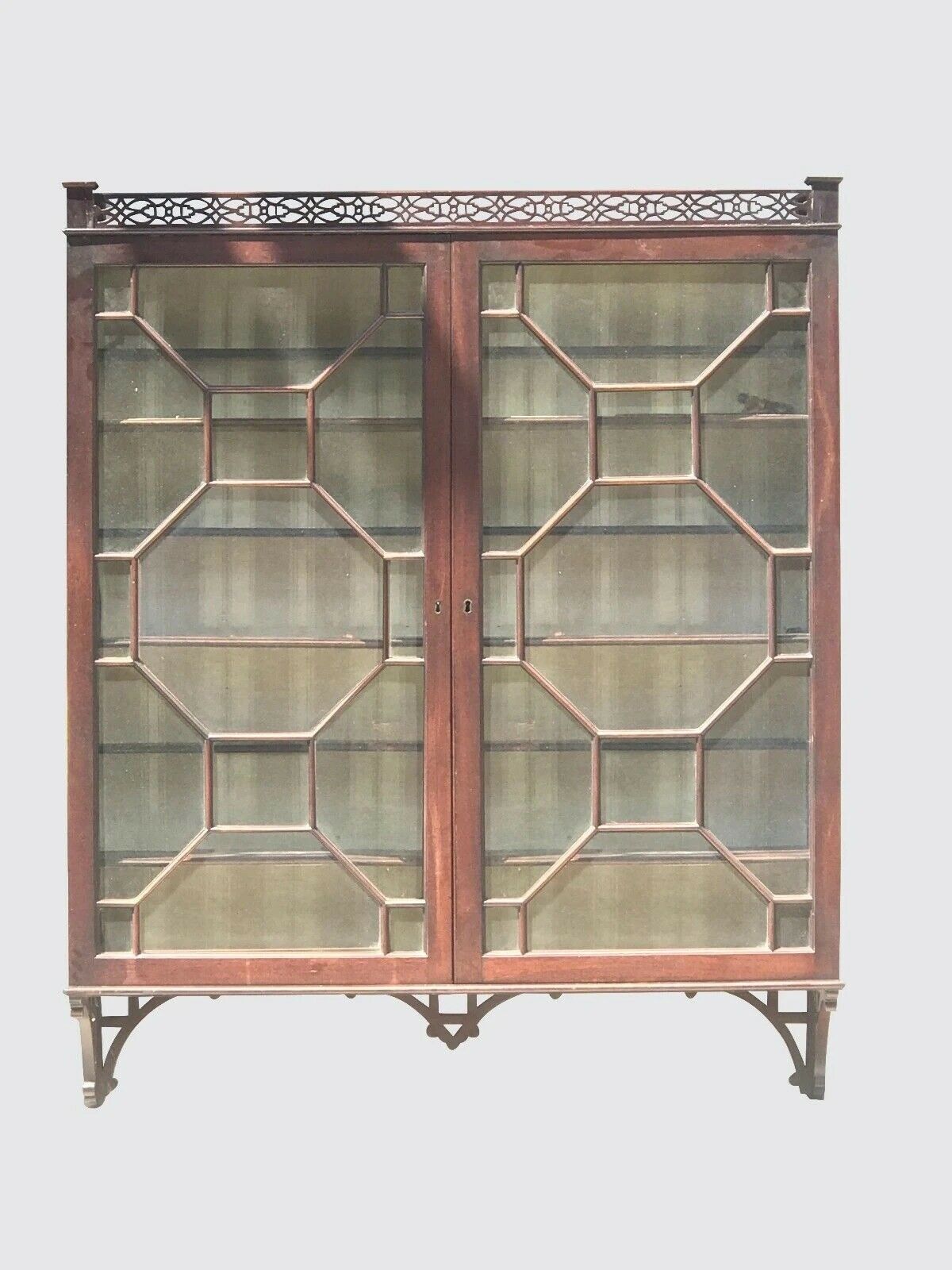 19TH C ANTIQUE MAHOGANY CENTENNIAL CHINESE CHIPPENDALE FRETWORK WALL CABINET