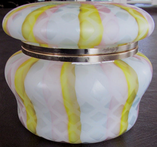 SANDWICH SATIN GLASS TRINKET BOX WITH COLORFUL SWIRLED PATTERNS