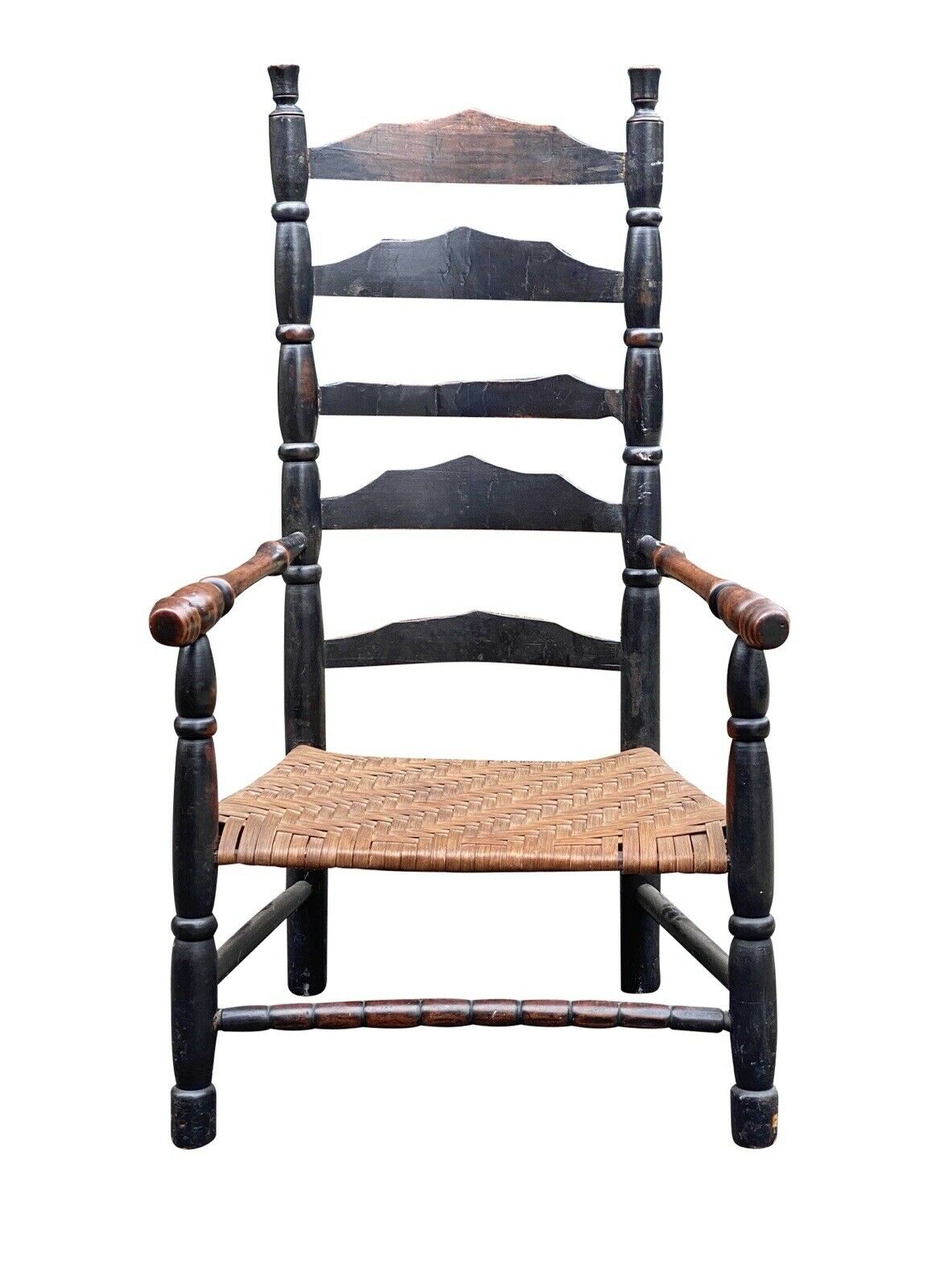 18th C Antique New England Queen Anne Black Painted Ladder Back Armchair