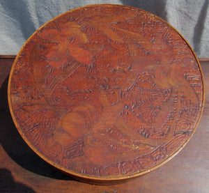 ANTIQUE FOLK ART  FLORAL PATTERN PYROGRAPHY ROUND PANTRY BOX