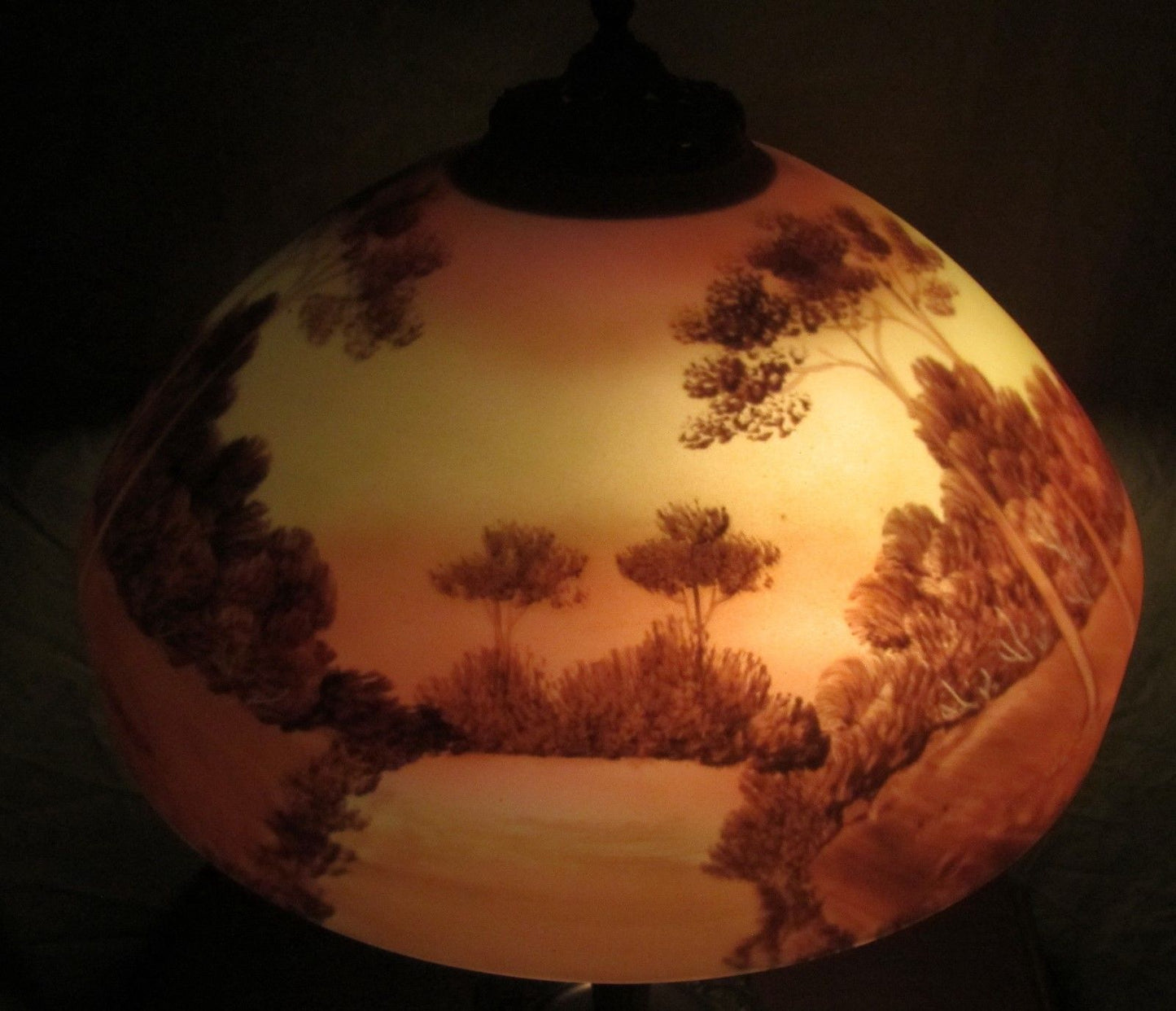 FABULOUS ART NOUVEAU REVERSE PAINTED PITTSBURGH LAMP WITH PAINTED LANDSCAPE