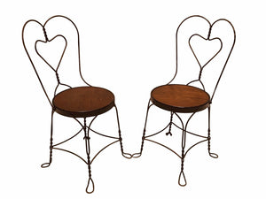 20TH C ANTIQUE SET OF 6 WROUGHT IRON HEART BACK ICE CREAM PARLOR CHAIRS