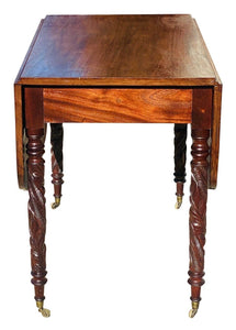19TH C ANTIQUE NEW YORK SHERATON MAHOGANY DROP LEAF TABLE ~ ACANTHUS CARVED LEGS