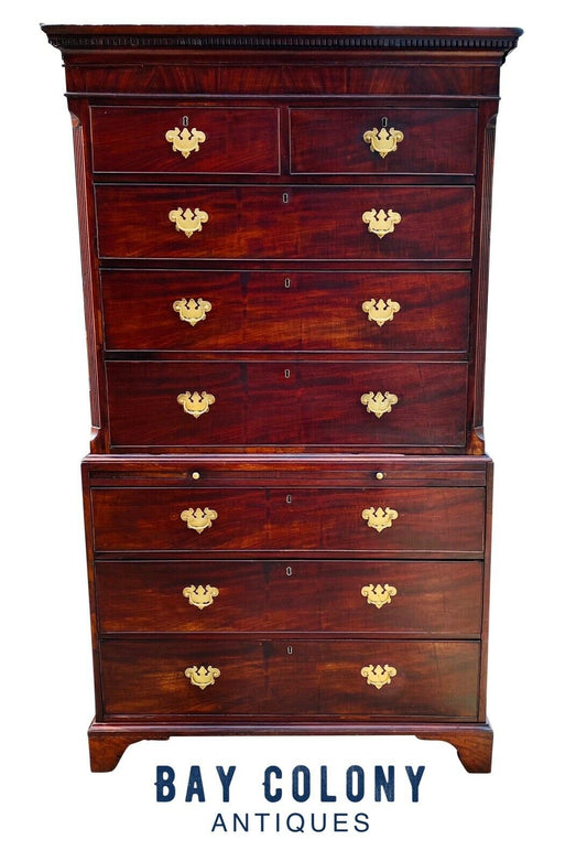 18TH C ANTIQUE GEORGIAN MAHOGANY CHEST ON CHEST / DRESSER ~ TALL CHEST / HIGHBOY