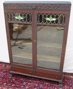 RARE VICTORIAN OAK STAINED GLASS DOOR BOOKCASE WITH CELTIC SYMBOLIC CARVINGS