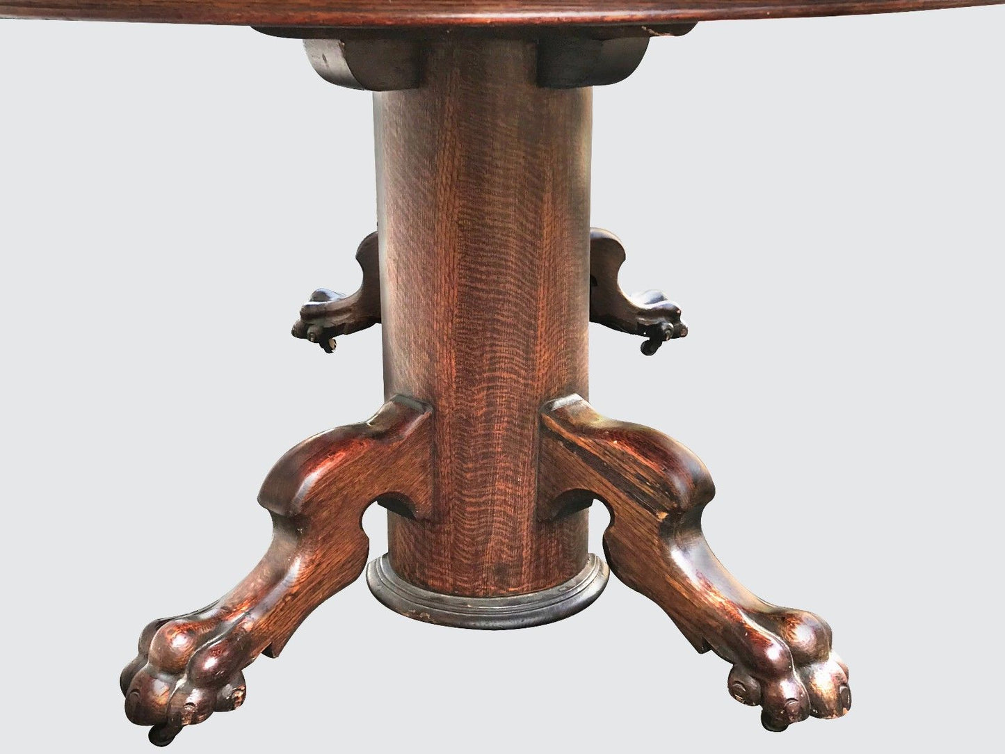 VICTORIAN TIGER OAK DINING TABLE WITH LION PAW BASE & 3 LEAVES-POSSIBLY HASTINGS