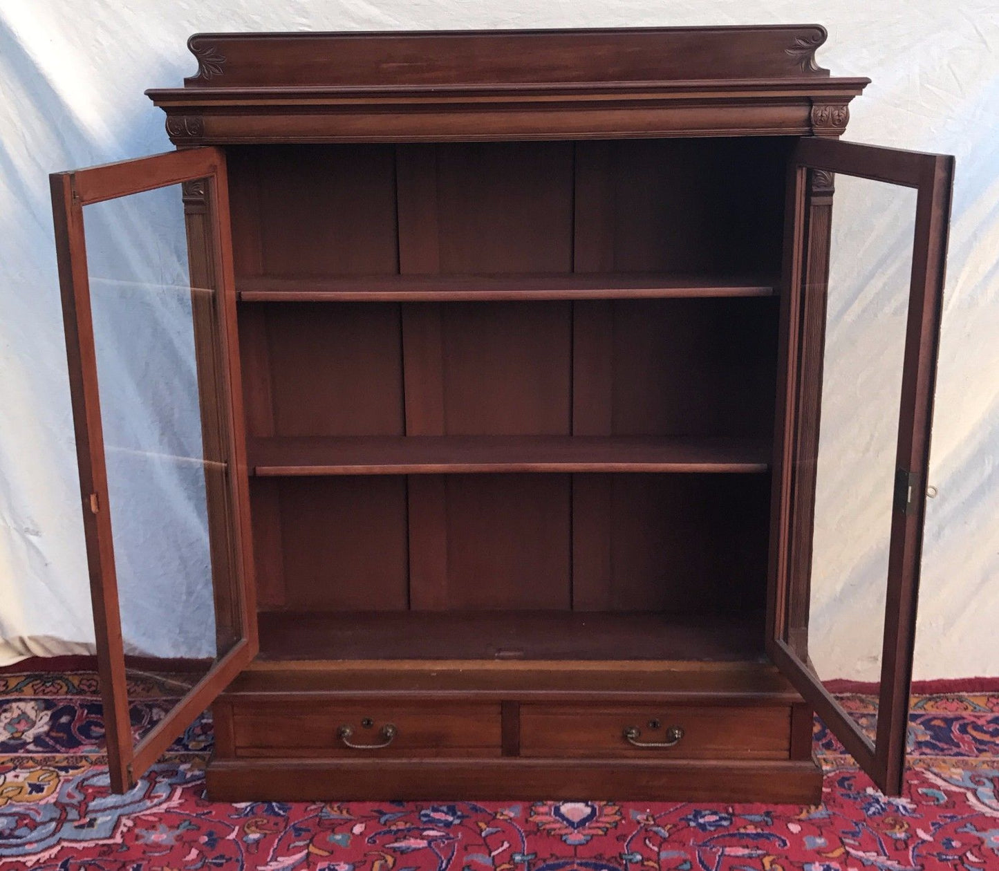 VICTORIAN WALNUT CARVED DOUBLE DOOR BOOKCASE ON 2 DRAWER BASE-SUPER FINE PIECE!